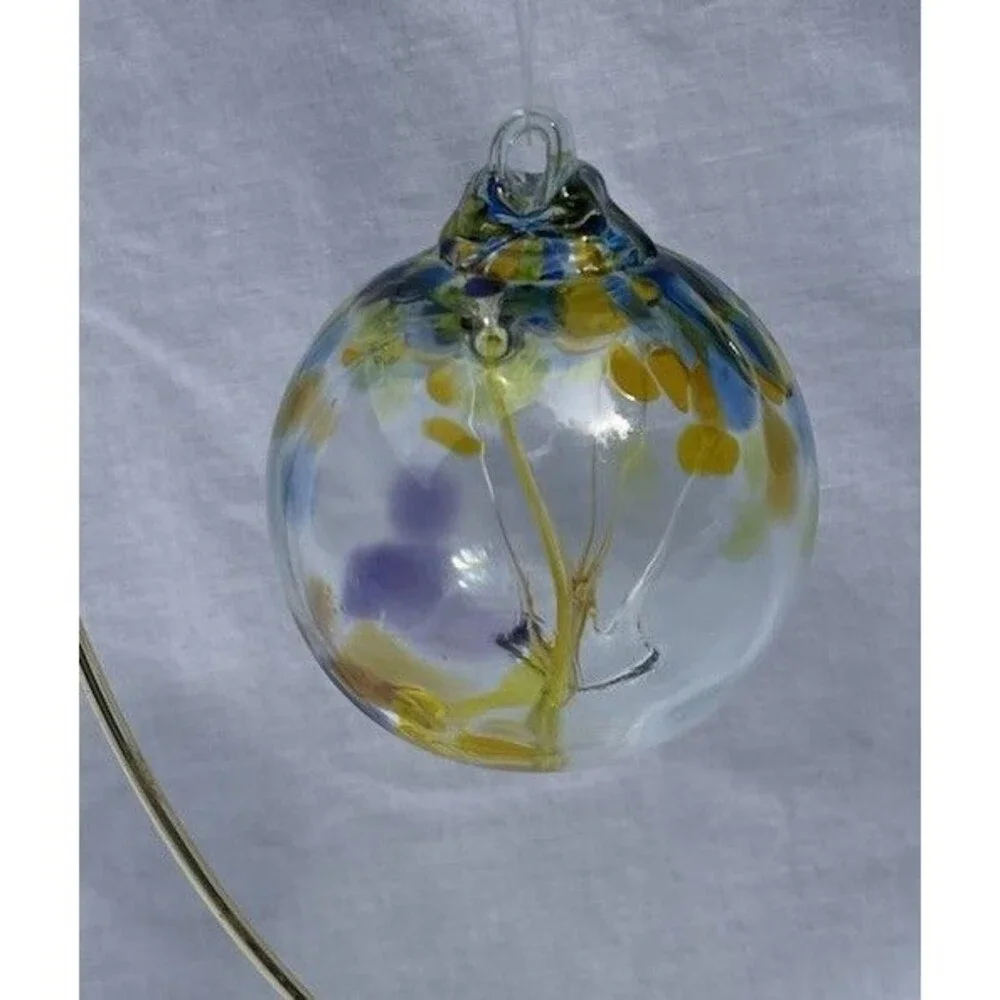 3” Hand Blown Art Glass Gazing Ball Christmas Ornament Hanging Blue Gold Orb EUC